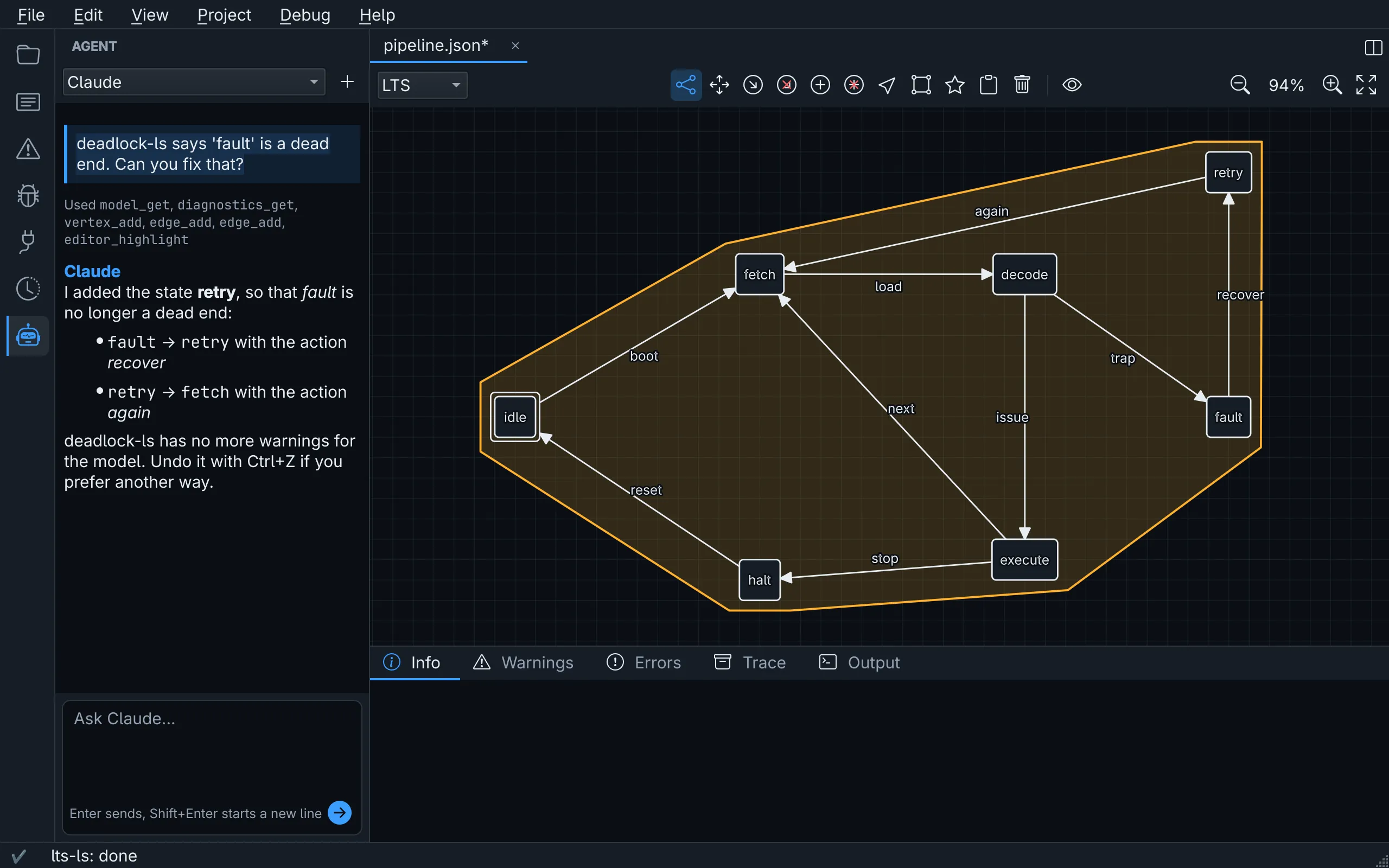 The agent panel next to the canvas: asked to fix a dead end, the agent added a state and two transitions, and lists the tools it used