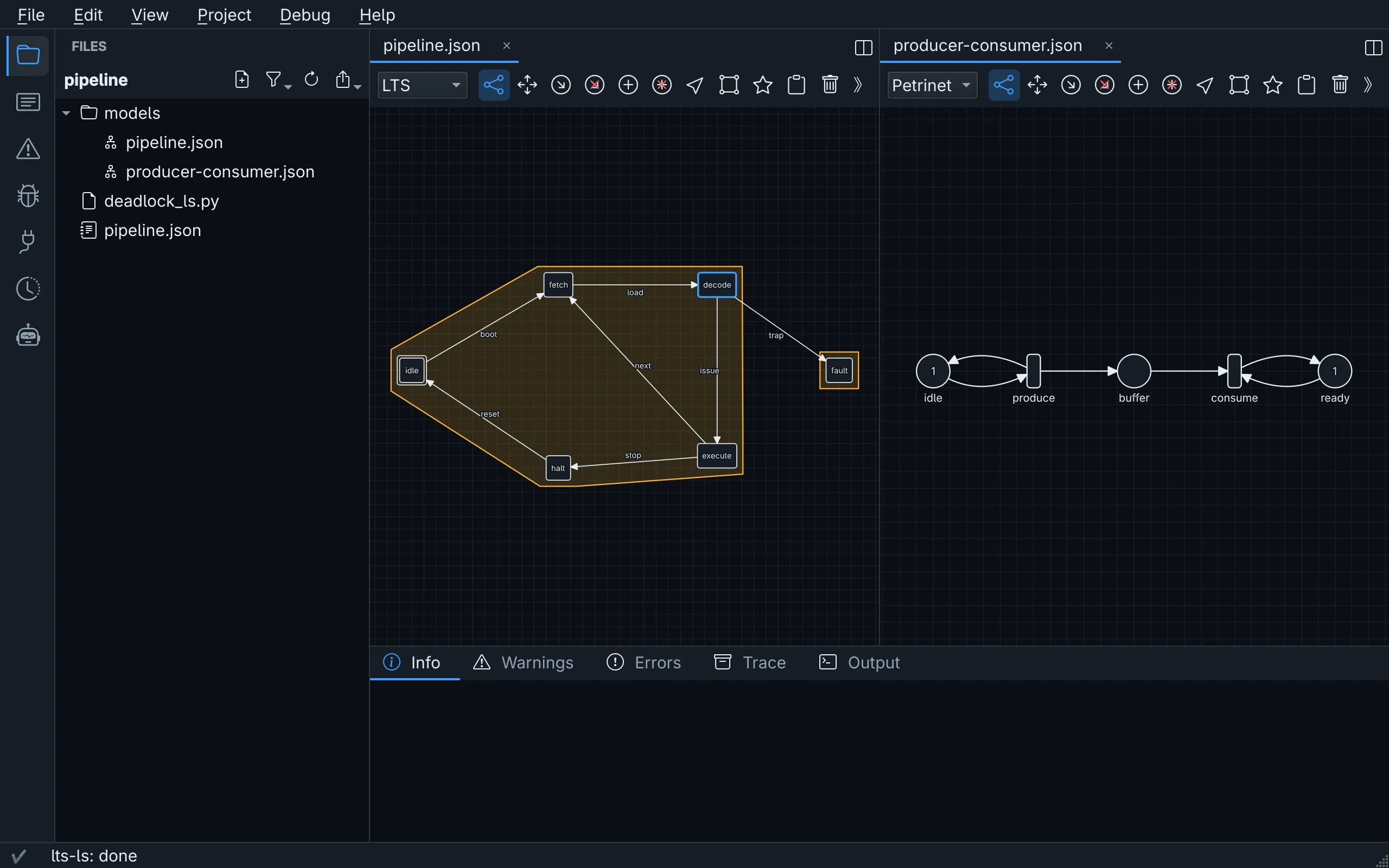 The graphedit editor: the files of a project, a labelled transition system and a Petri net side by side, and the diagnostics of language servers